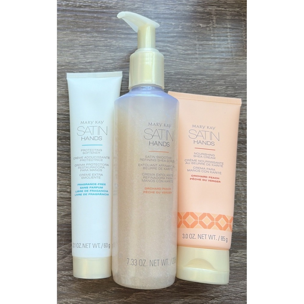 Mary Kay Satin Hands Peach Hydrating 3pc Set Hand Scrub, Lotion Cream & Softener